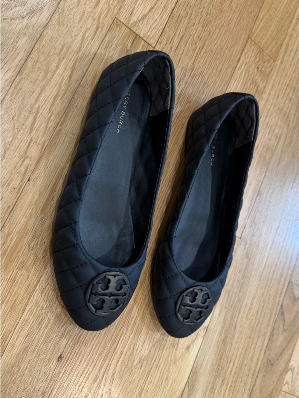 Tory Burch Quilted Black Logo Ballet Flats Matt